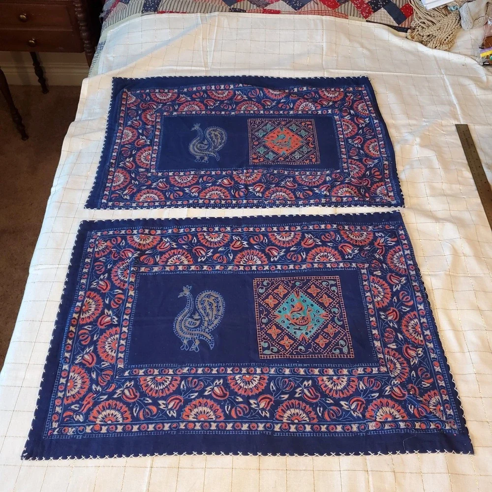 Fabulous Indian Cotton Top Stitched Standard Pillow Shams Dark Blue‎ Reversible
